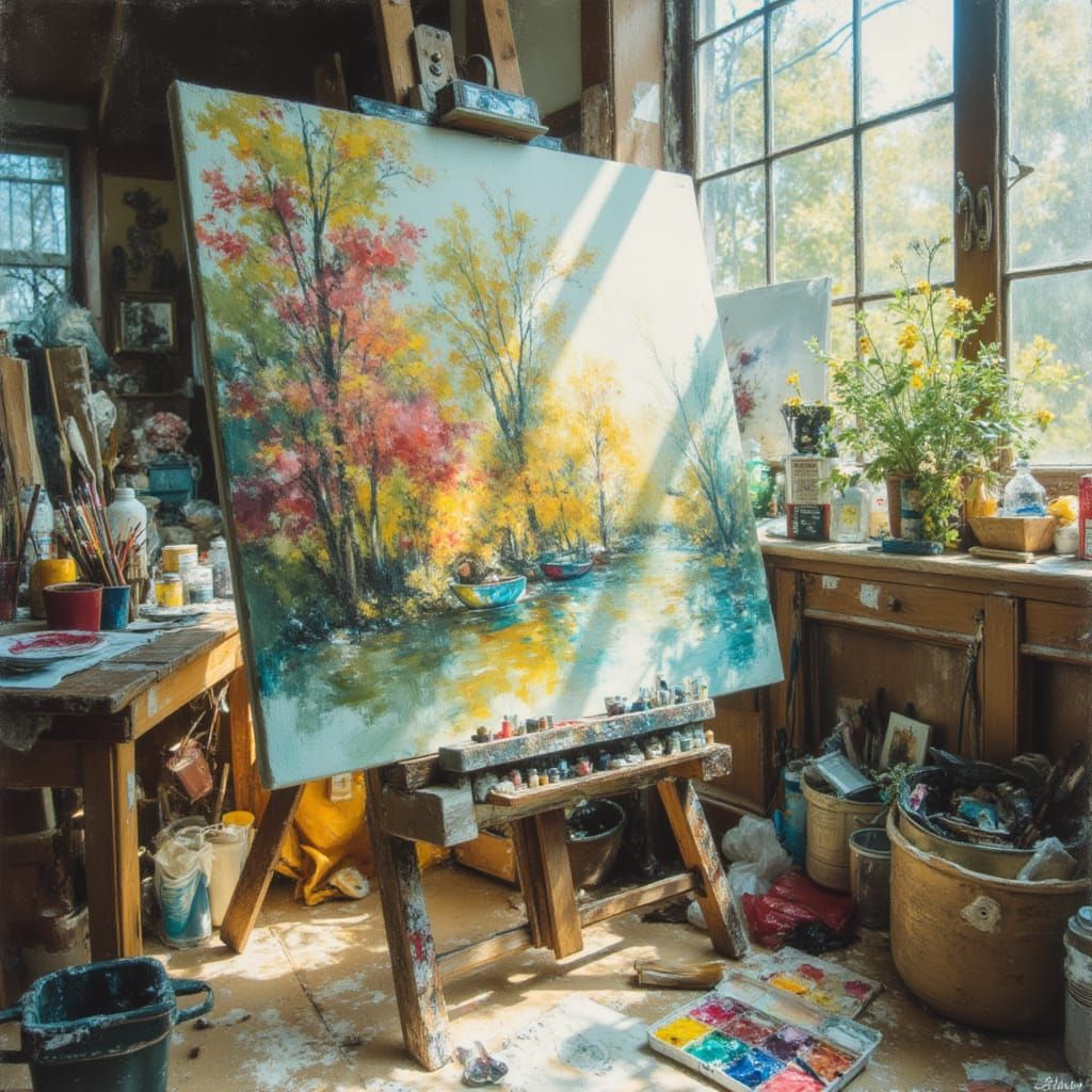 Vibrant Oil Painting in Sunlit Studio, Watercolor Style