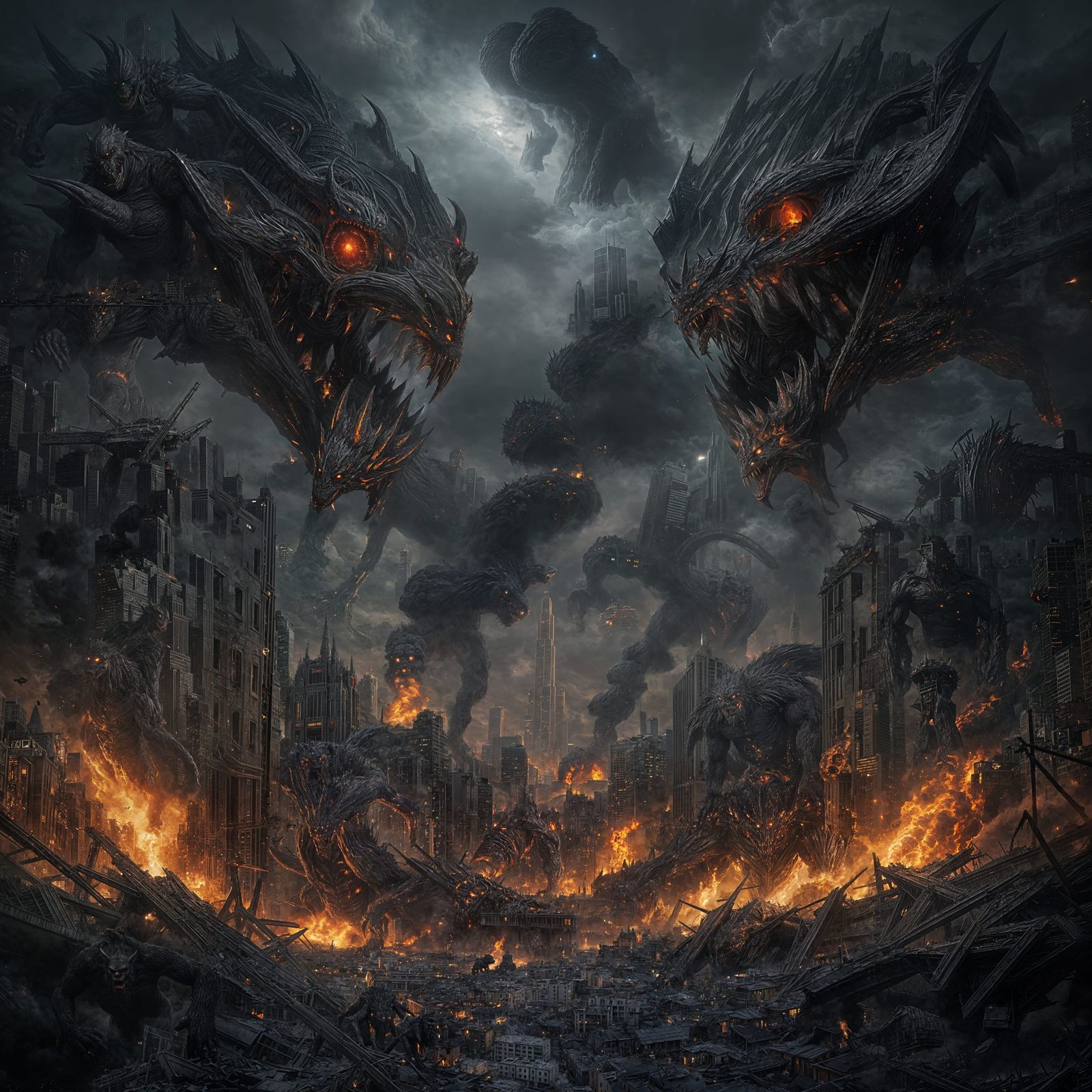Monsters Towering Over Destructive City