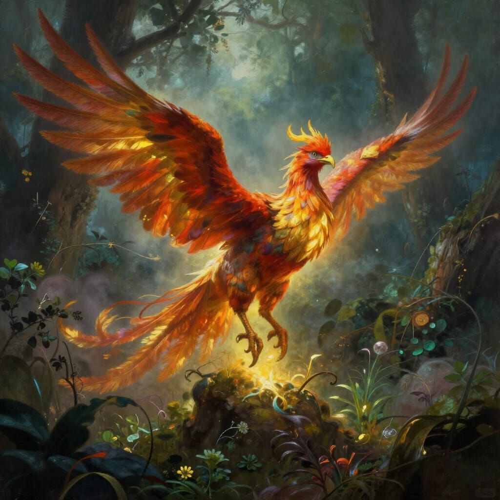 Phoenix Reborn from Ashes in Sunlit Dark Forest Fantasy