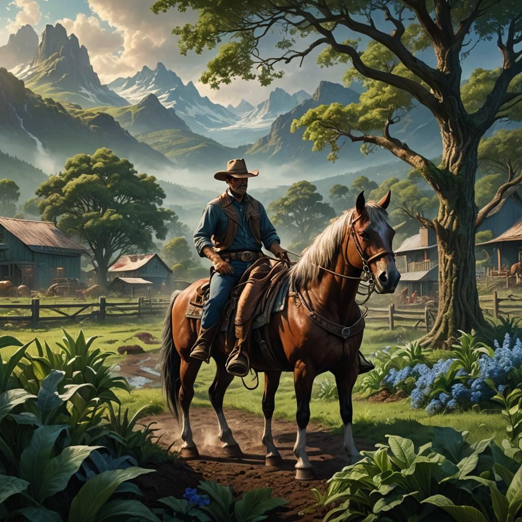 Majestic Cowboy Rides by Farmer in Fantasy Farm