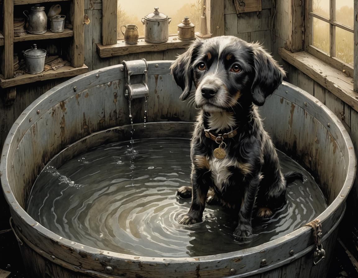 Vibrant Scene of Boy Bathing Dog in Vintage Zinc Tub