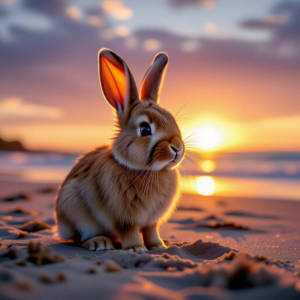 Cute Ram Rabbit on Beach at Sunset