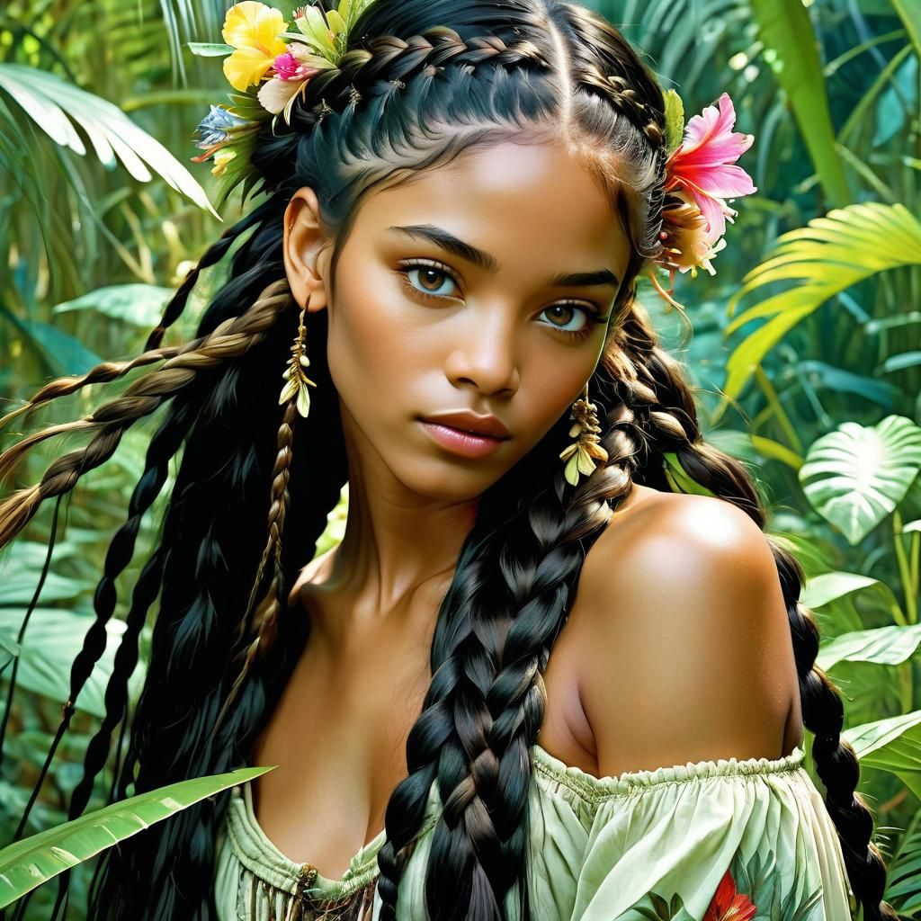 Tropical Goddess in Elegant French Braids and Vibrant Flower...