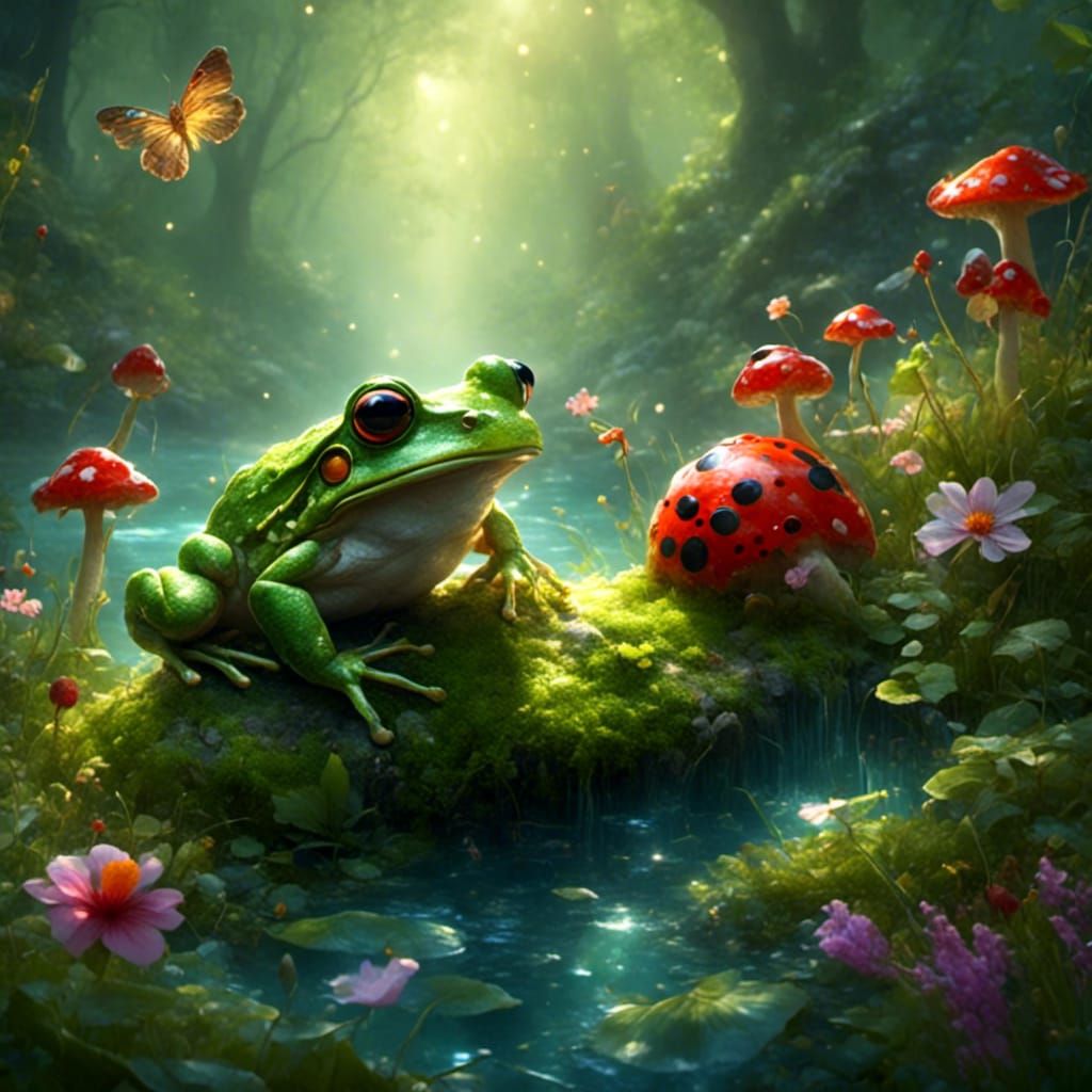 Whimsical Hyperrealist Frog in Enchanted Forest