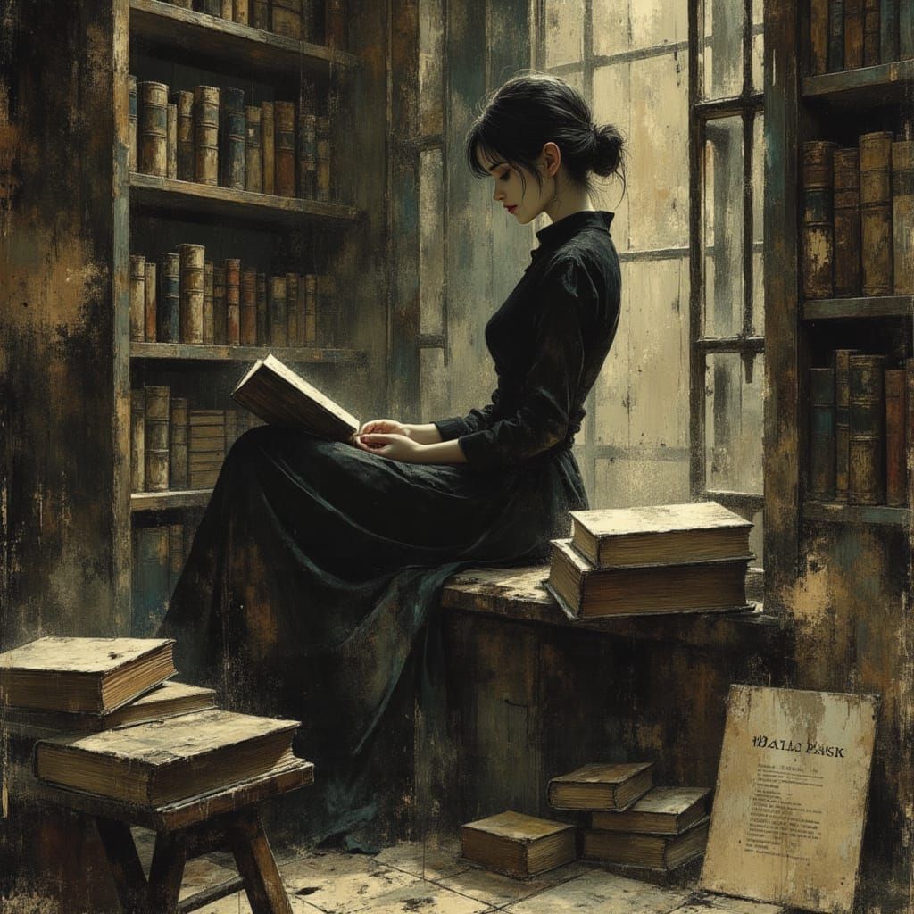 Young Woman in Dusty Antique Library
