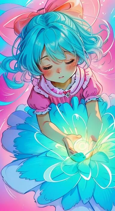 Tiny Girl in Whimsical Wonderland with Neon Turquoise Balloo...