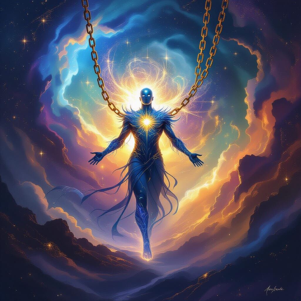 Cosmic Being Escapes Ethereal Chains, Nebula Background