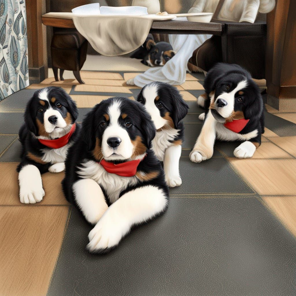 Cute Bernese Mountain Puppies Gathered for a Dinner Feast