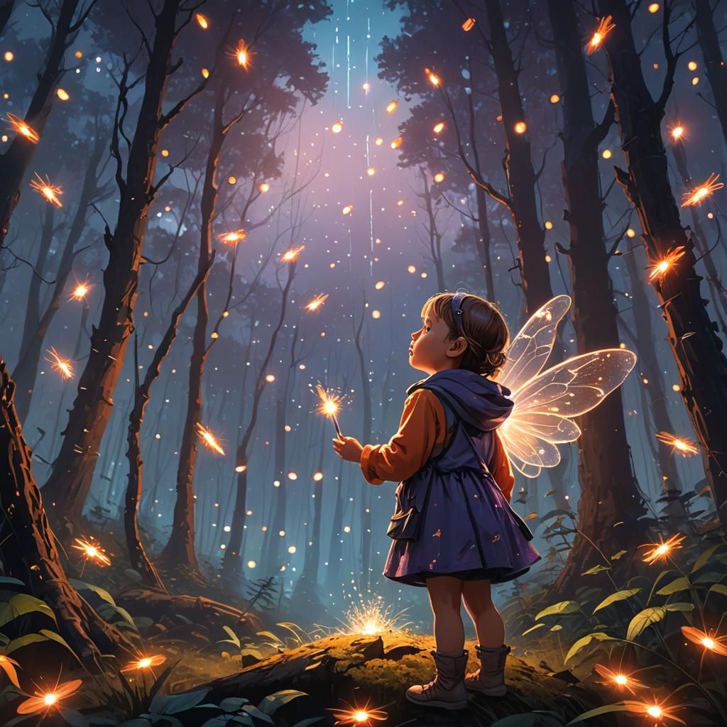 Ethereal Baby Girl Makes a Wish Under Whimsical Moonlit Fore...