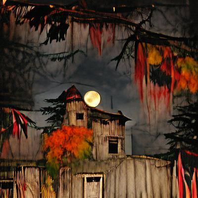 Surreal Autumn Scene Under a Haunting Full Moon