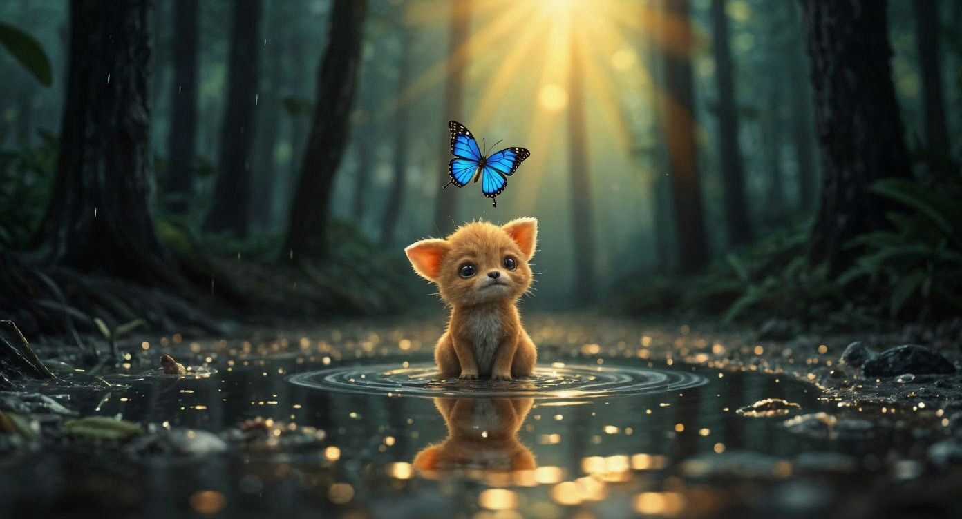 Sunlit Creature in Misty Forest Puddle