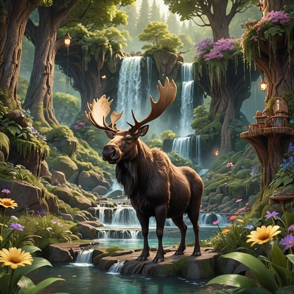 Whimsical Brown Moose in Enchanted Forest, Chibi Style