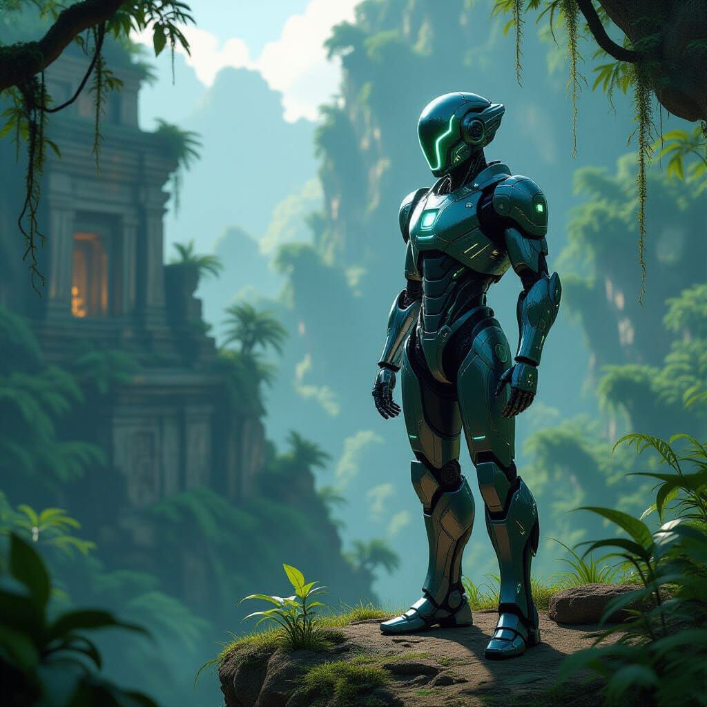 Robotic Prince Overlooks Jungle Ruins in Concept Art Style