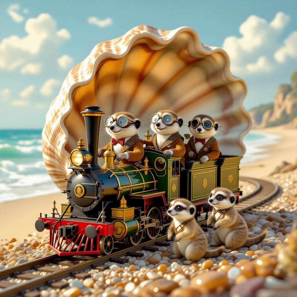 Steampunk Meerkats Operating Railway in Seashell