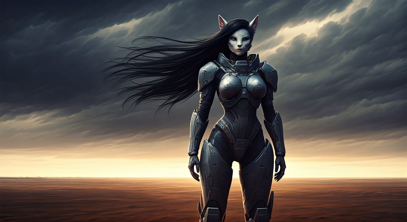 Futuristic Anthro Wolf Woman in Windswept Landscape