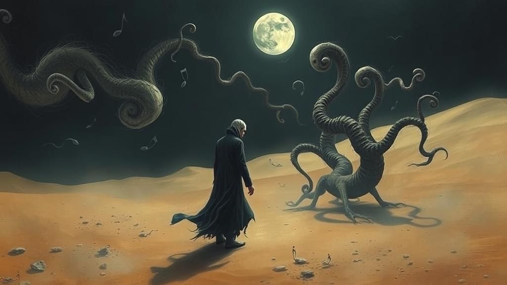 Surreal Figure Lost in Desert, Haunted by Ghostly Melody