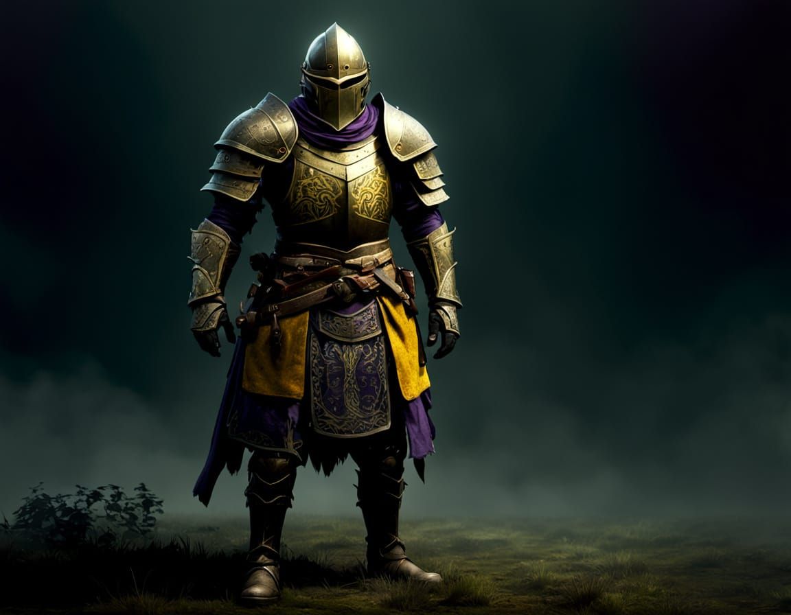 Lone Knight in Foggy Battlefield, Dark Fantasy Art