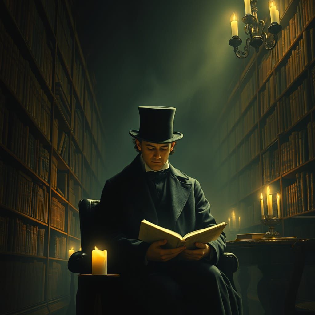 Ghostly Poet in Victorian Library, Ethereal Art