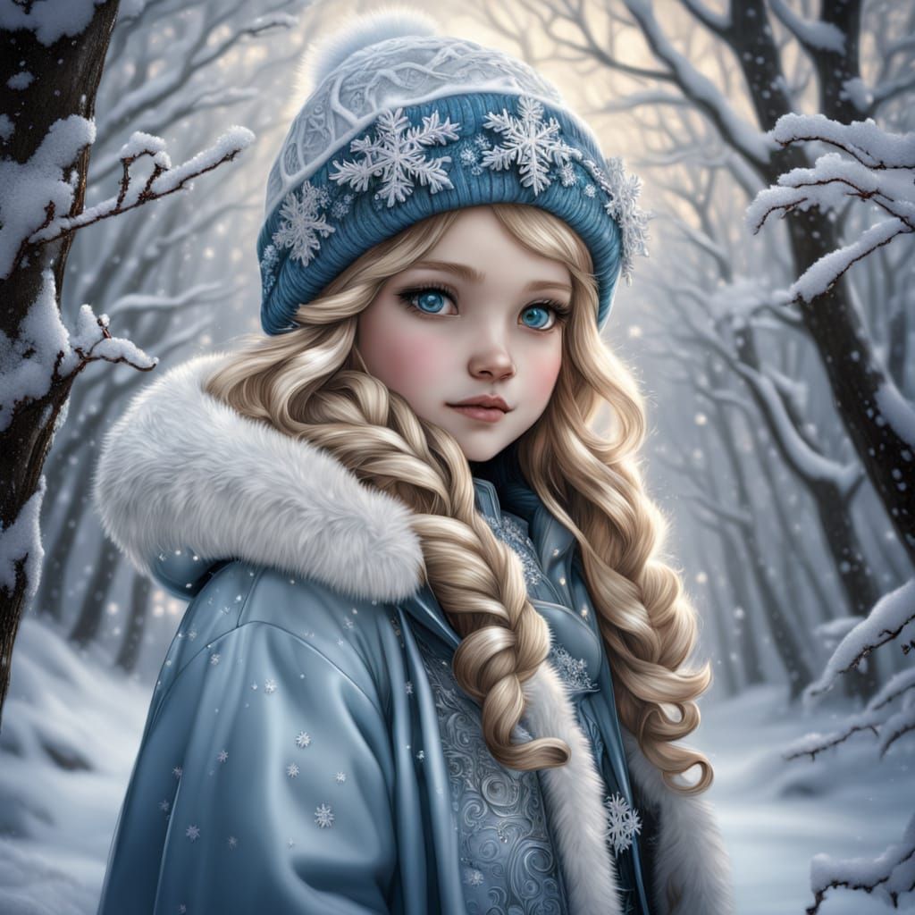 Hyper-Realistic Winter Portrait of a Smiling Girl in Snowy F...
