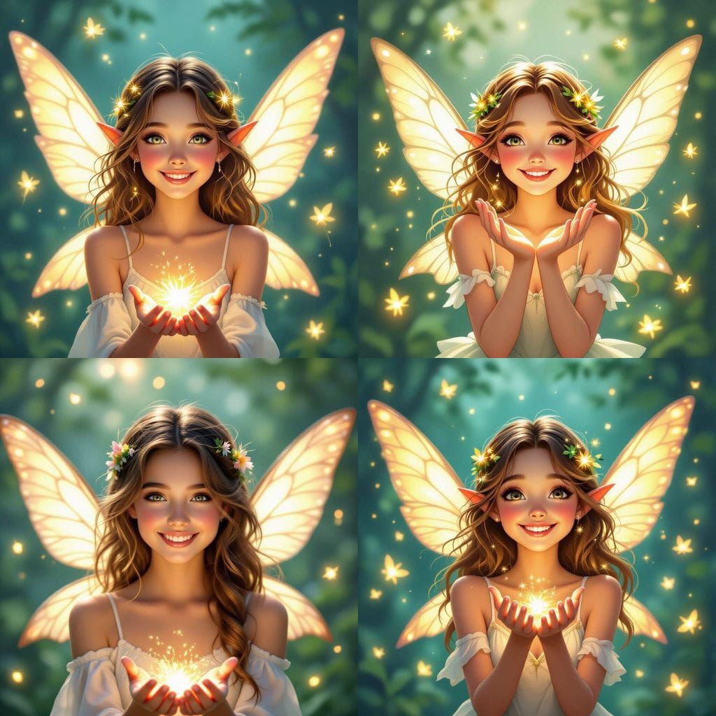 Cute Light Fairy with Celestial Wings and Fireflies