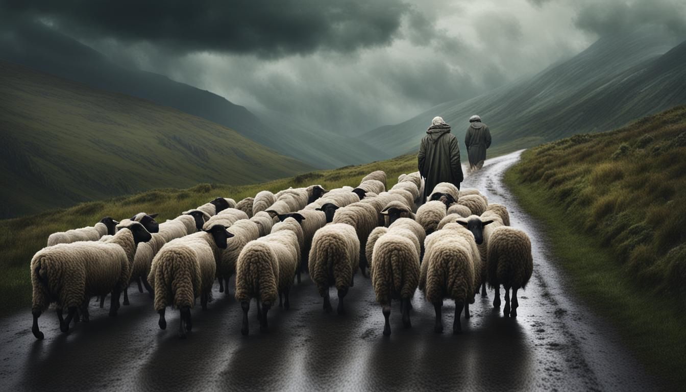 Shepherd Brings Flock Down Rain-Soaked Mountain
