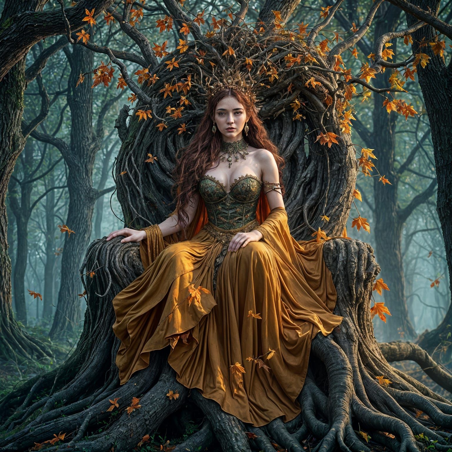Regal Dryad in Twilight Forest, Fantasy Concept Art