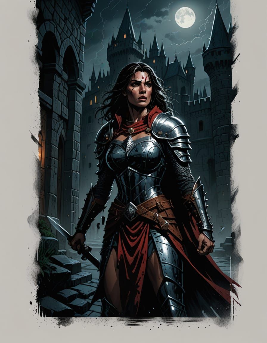 Grim Dark Fantasy Queen in Stormy Castle Courtyard