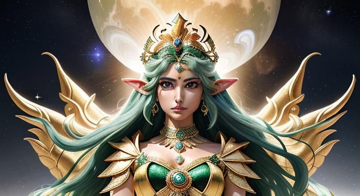 Goddess of Light in Regal Splendor with Celestial Background