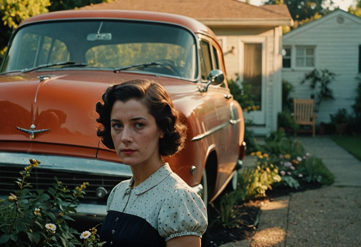 Elegant 1950s Woman Basks in Sunlit Garden