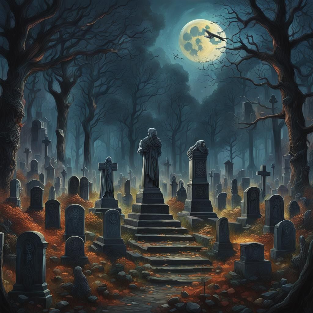 Moonlit Cemetery Gathering in Hyperrealistic Mid Shot