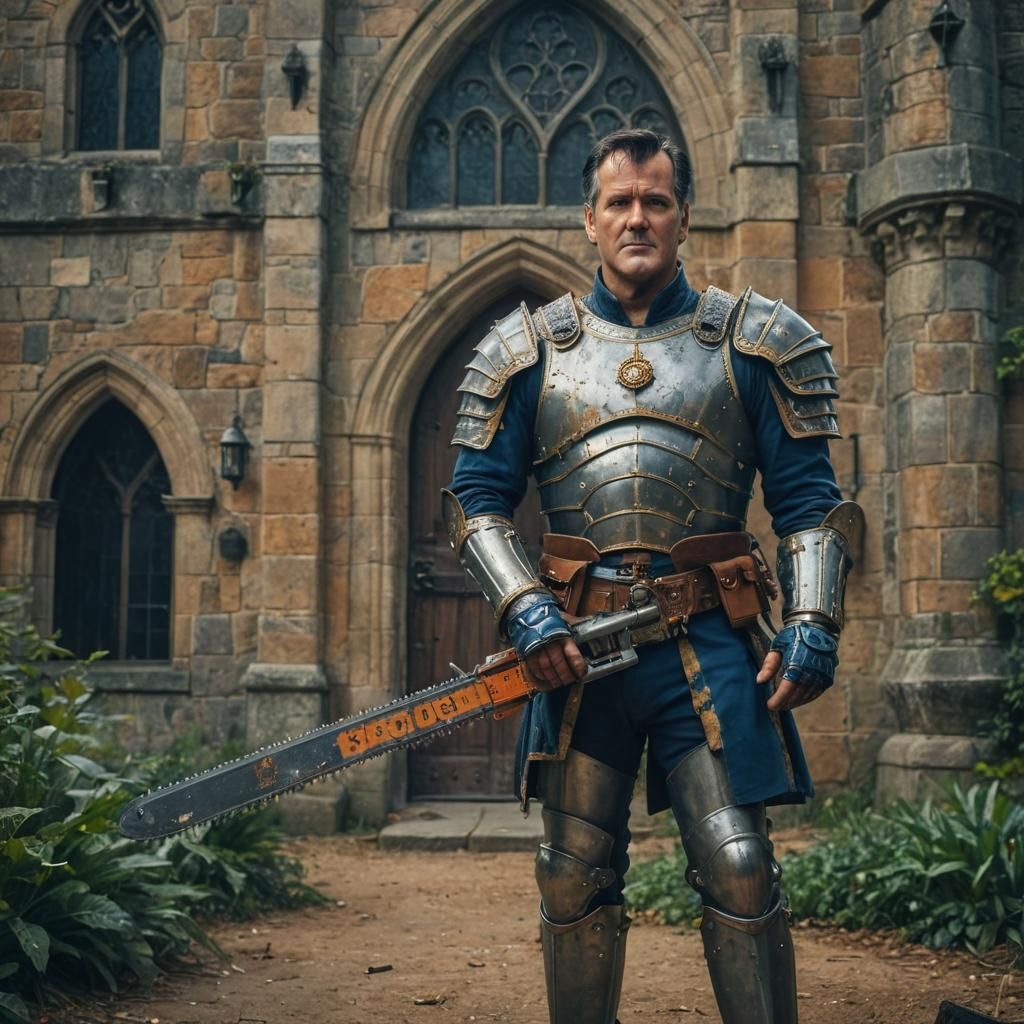 Bruce Campbell in Epic Fantasy Armor as Chainsaw Wielding Kn...