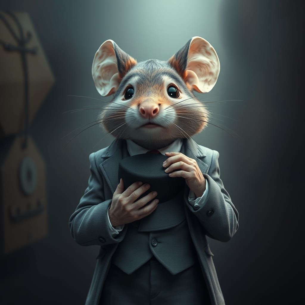 Shy Mouse in Grey Suit: Cinematic Digital Art