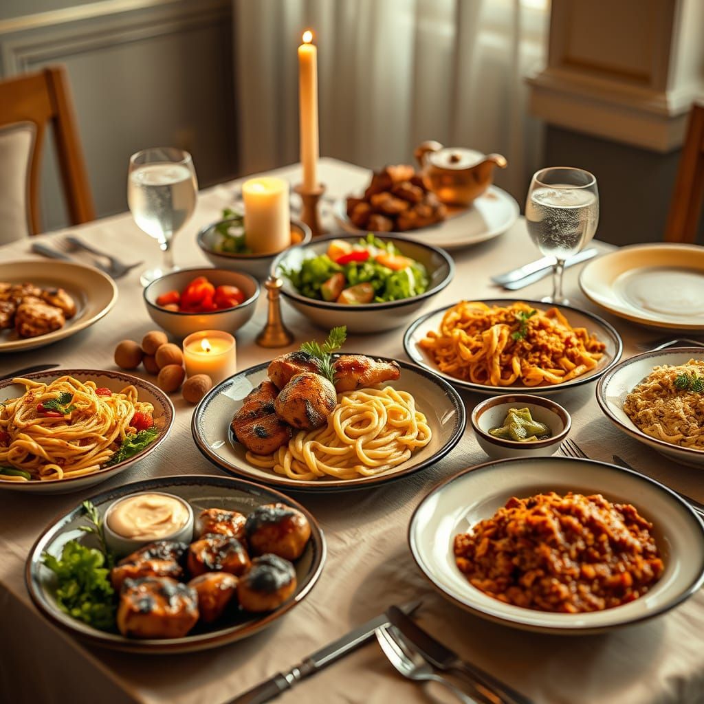 Exquisite Dinner Table Featuring Culinary Delights
