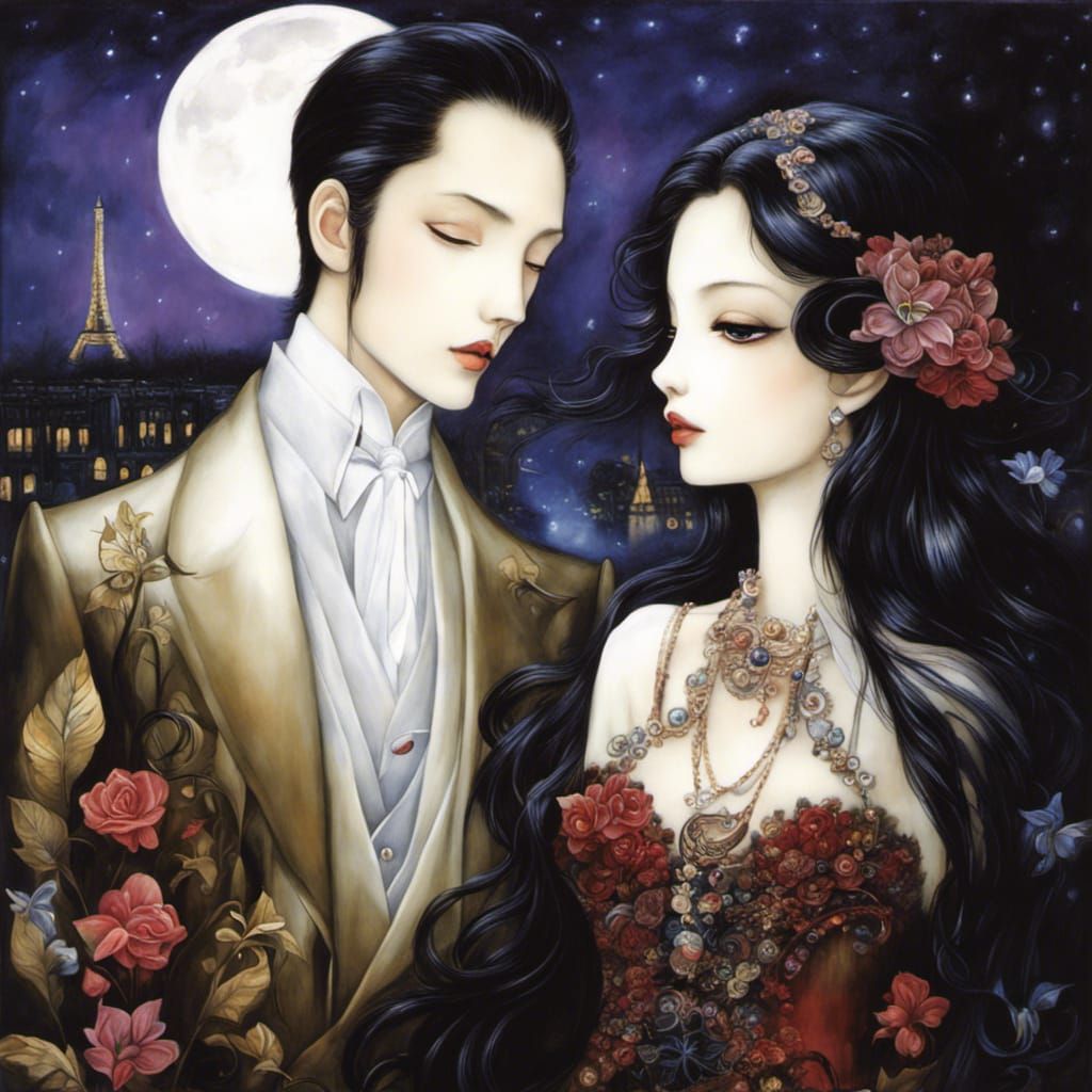 Romantic Parisian Lovers under Moonlit Rainy Nights in Dream...