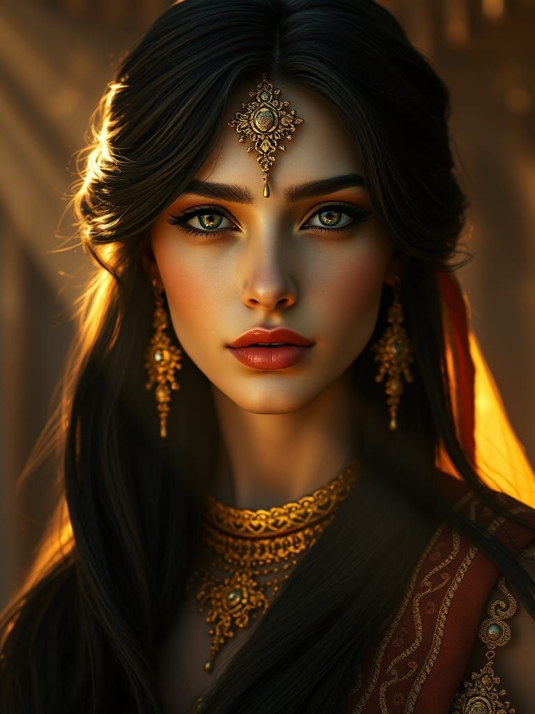 Golden Arabian Princess in Oil Painting Style with Gold Leaf...