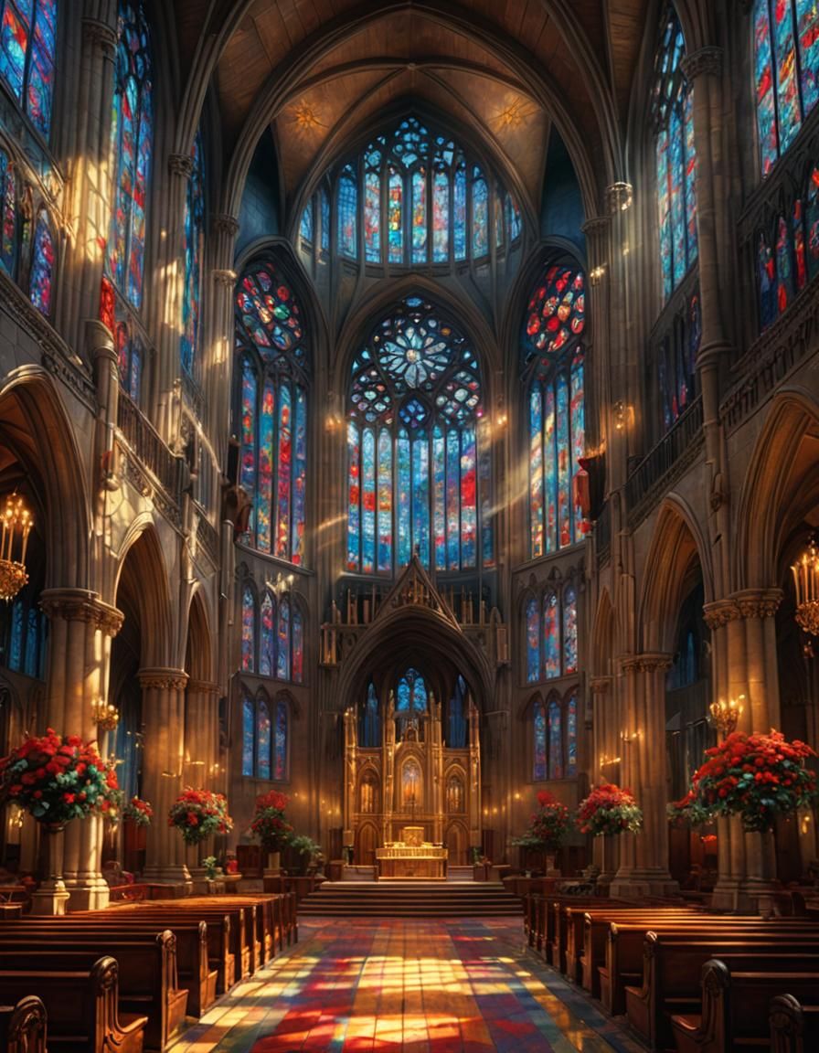 Epic Cathedral Scene with Vibrant Stained Glass and Red Flow...