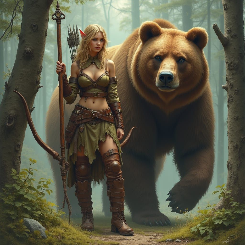 Elf and Bear in Misty Forest, Fantasy Art