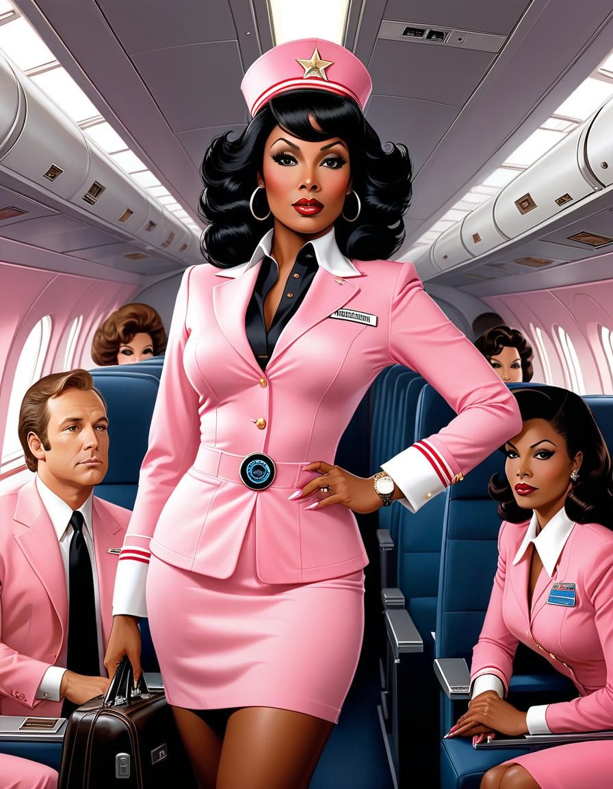 Pam Grier as a Pin-Up Flight Attendant in a Soft Pink Outfit