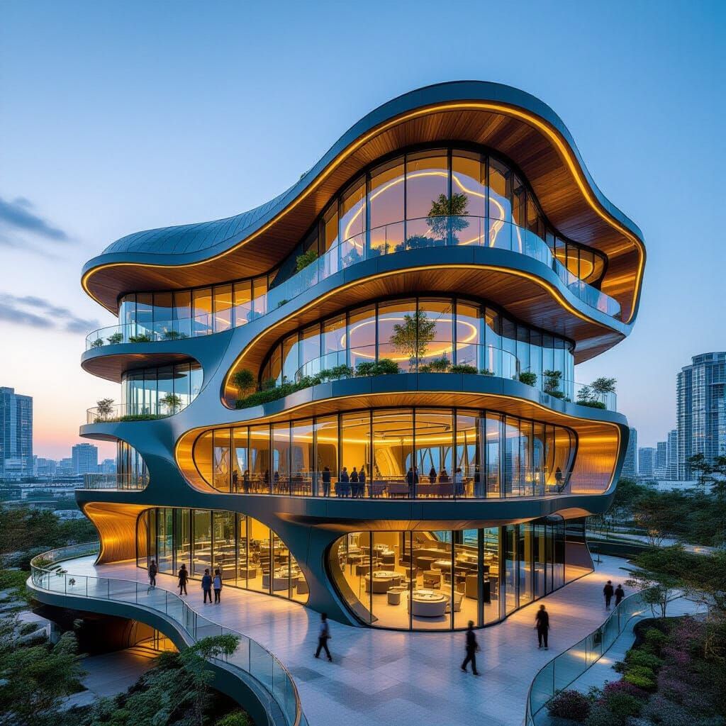 Futuristic Organic Flower Building with Green Façade