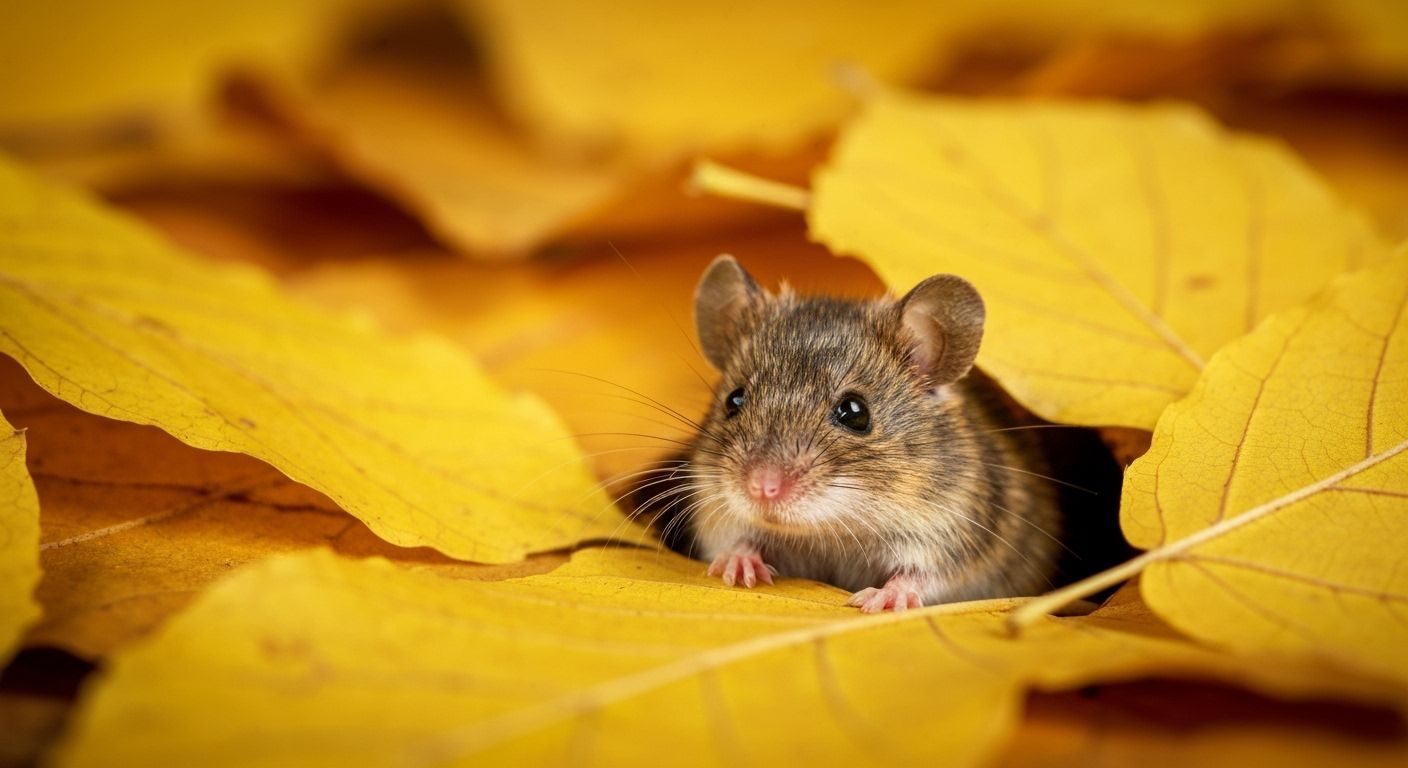Tiny Mouse Peeks From Hole Amidst Autumn Leaves