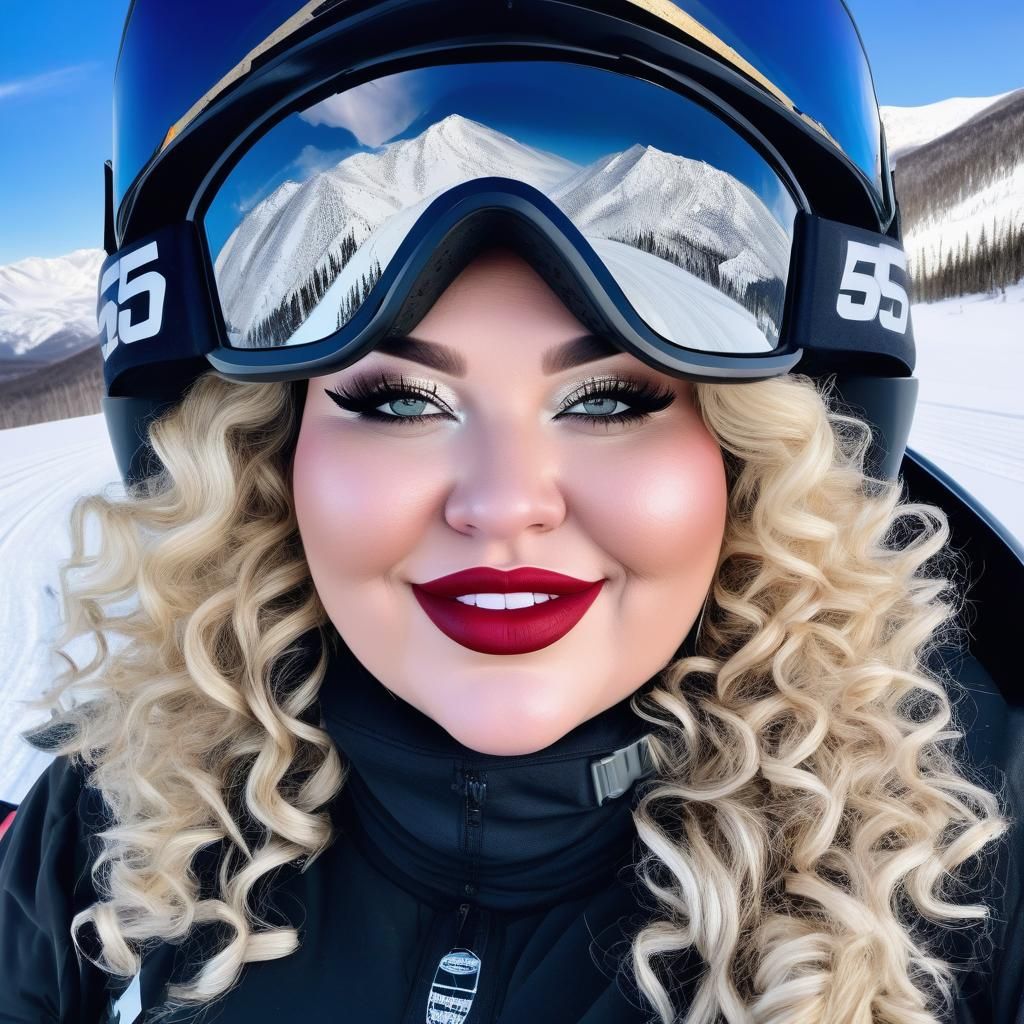 Glamorous Blonde Snowmobiler Speeds Down Mountain in Winter