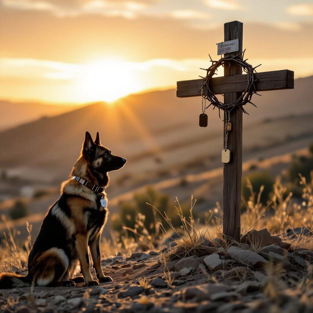 Vigilant Dog Watches Over Hilltop Cross