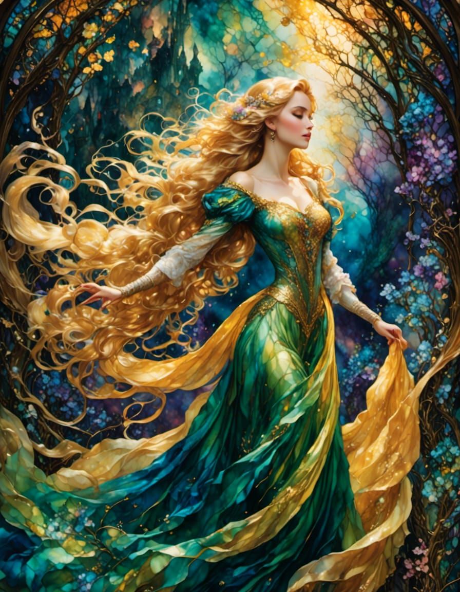 Luxurious Fantasy Portrait with Epic Rapunzel Hair and Shimm...