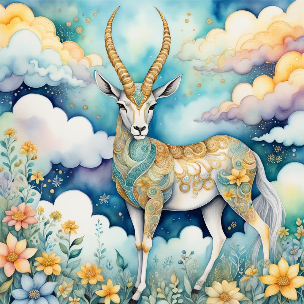 Whimsical Fantasy Gazelle in Vibrant Watercolor
