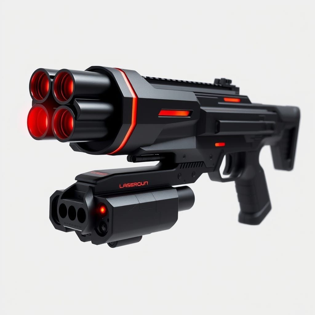 A sleek laser rifle with a black color and a red glow at the...