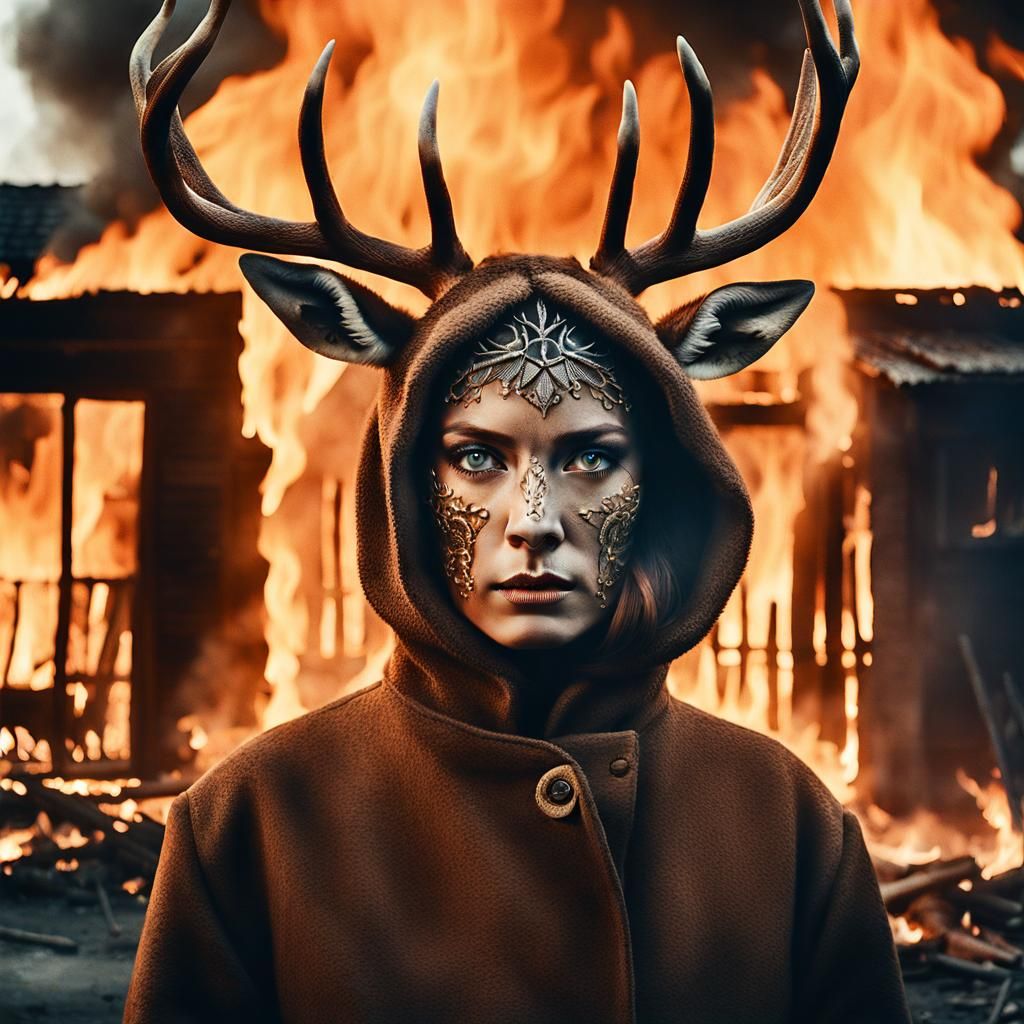 Surreal Portrait of Elegant Woman Amidst Burning Village