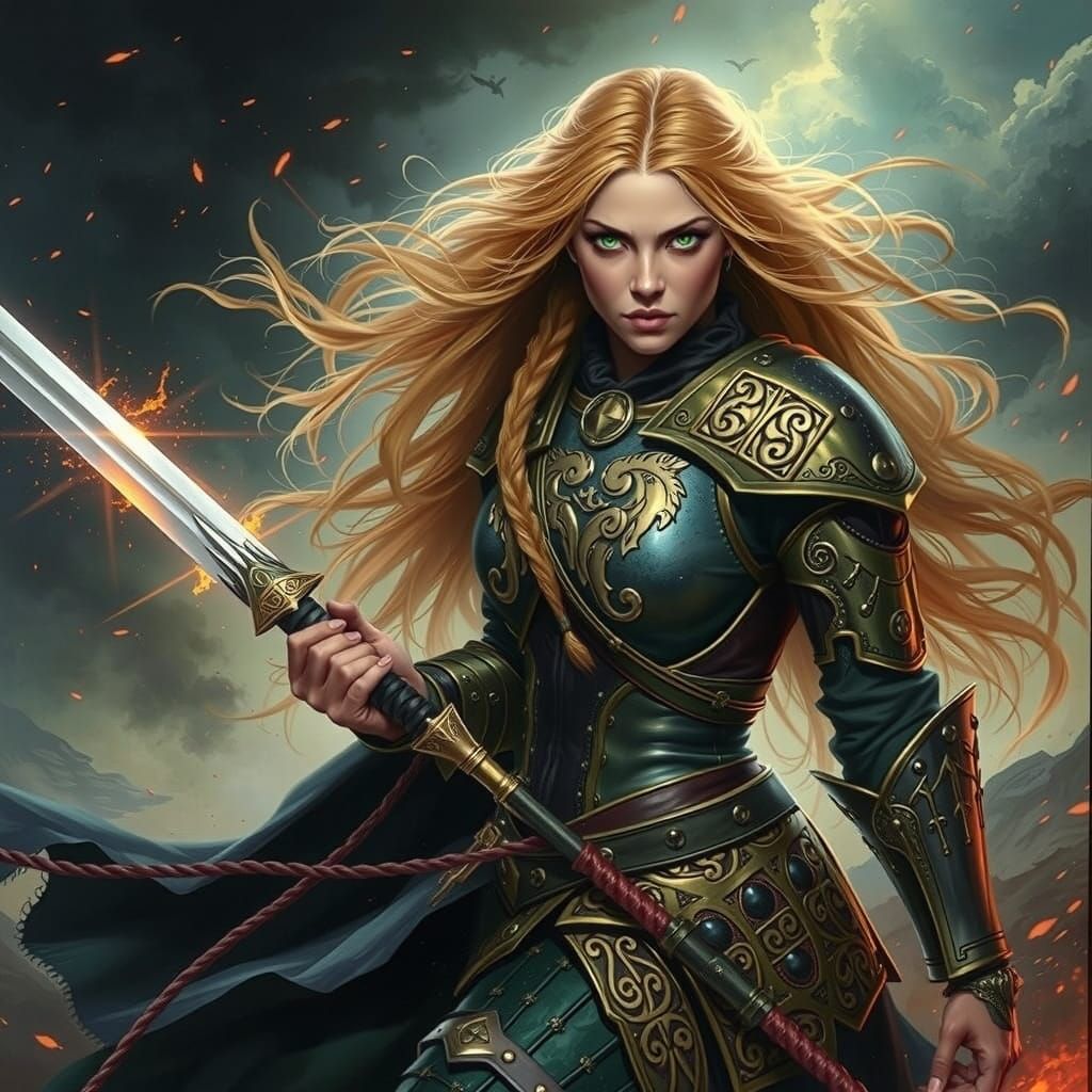 Epic Fantasy Warrior Woman with Emerald Eyes and Gold Hair