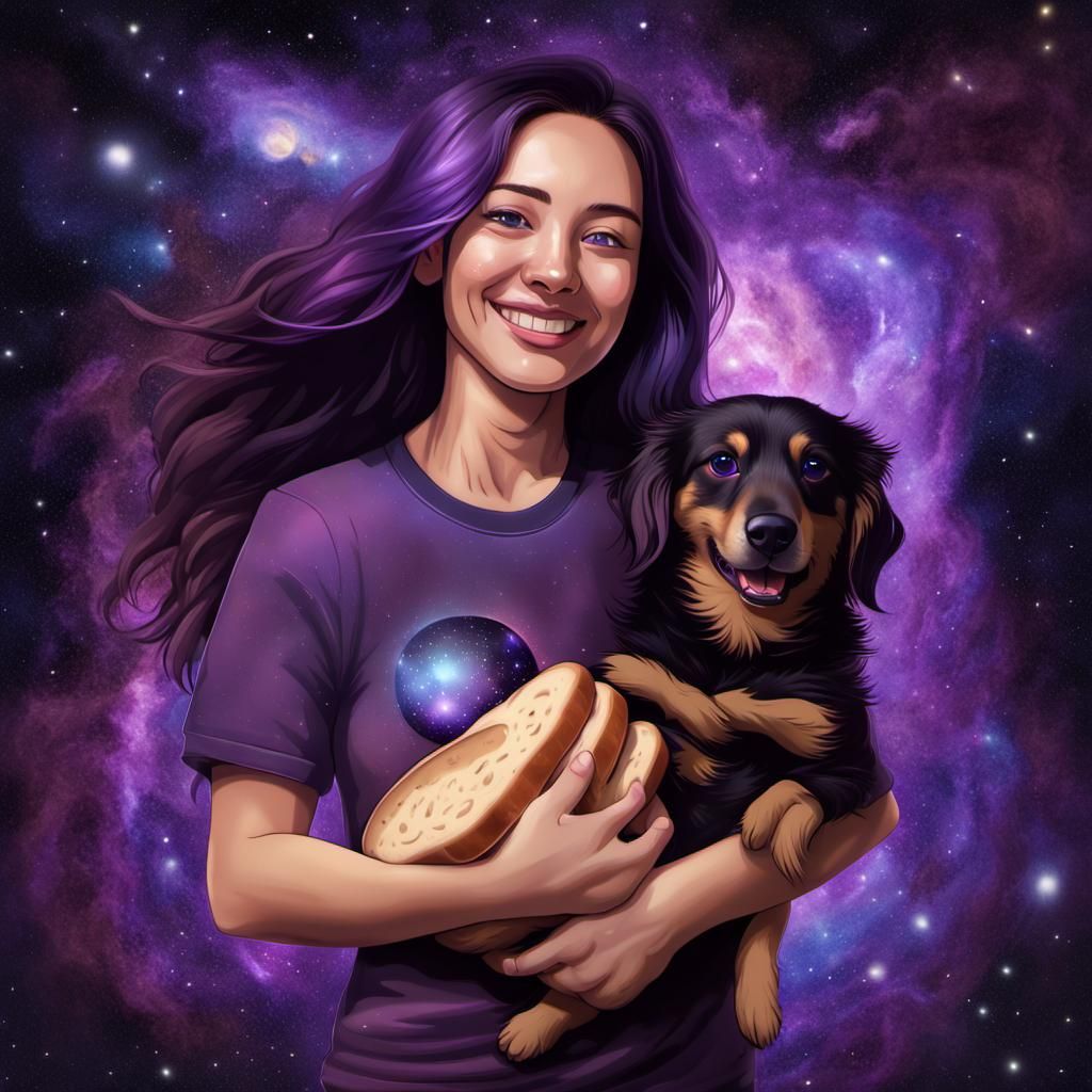 Galactic Lady Surrounded by Bread in Cosmic Purple Hues