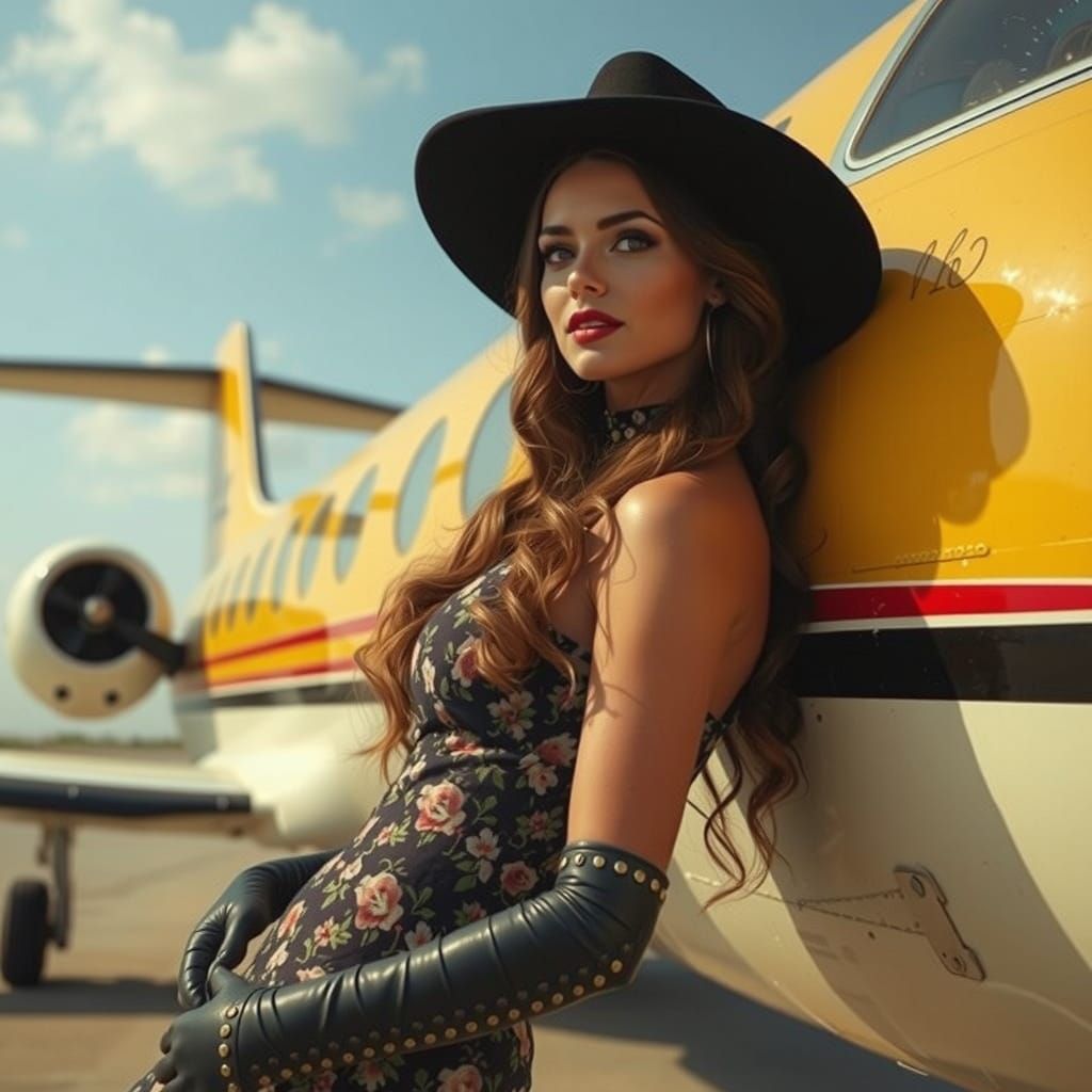 Vintage Hollywood Glamour Pin-Up Girl and Vintage Aircraft