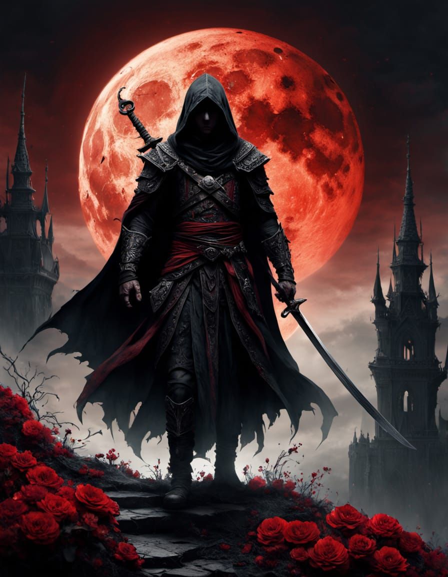 Warrior in Crimson Robes Stands Before a Blood-Red Moon